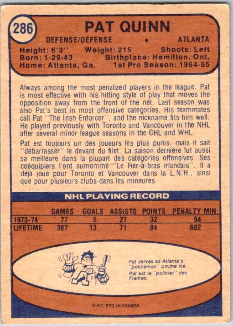 1974-75 O-Pee-Chee #286 Pat Quinn Atlanta Flames V46397