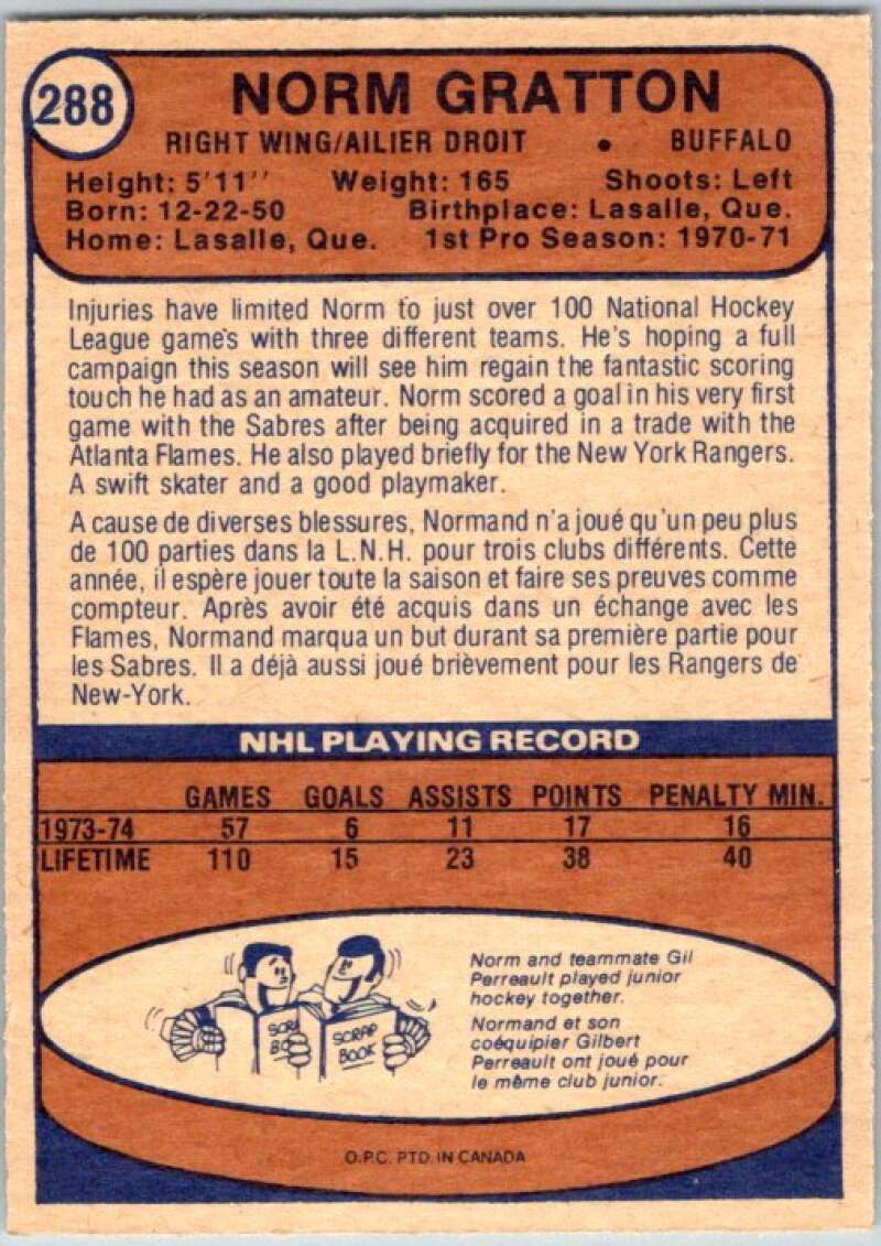 1974-75 O-Pee-Chee #288 Norm Gratton RC Rookie Buffalo Sabres V46399
