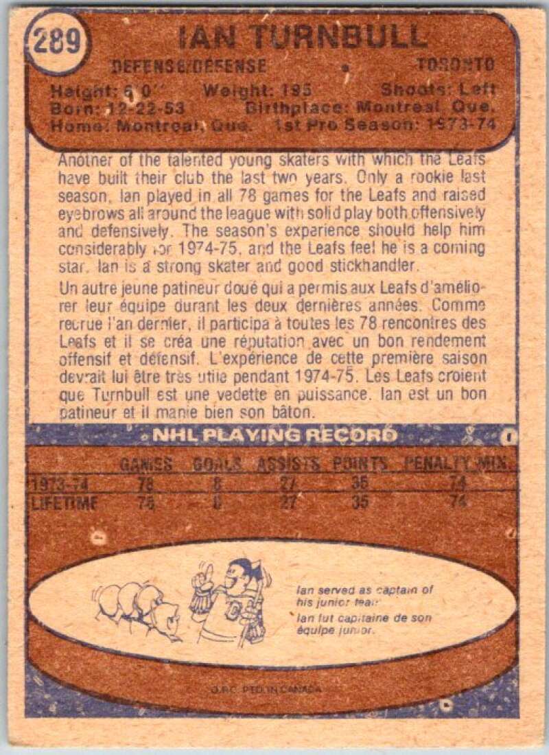 1974-75 O-Pee-Chee #289 Ian Turnbull RC Rookie Toronto Maple Leafs V46400