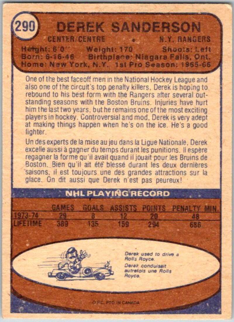 1974-75 O-Pee-Chee #290 Derek Sanderson New York Rangers V46401