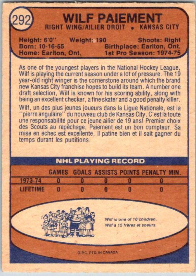 1974-75 O-Pee-Chee #292 Wilf Paiement RC Rookie Kansas City Scouts V46403