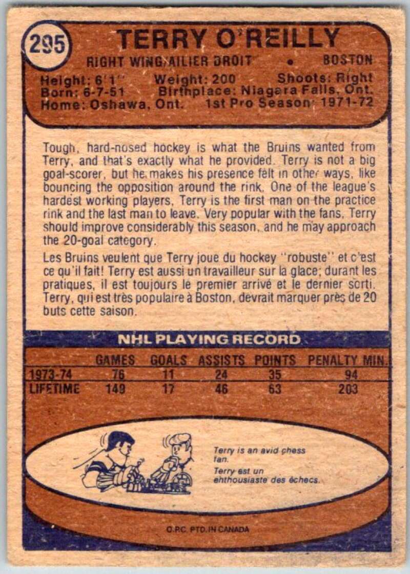 1974-75 O-Pee-Chee #295 Terry O'Reilly Boston Bruins V46406