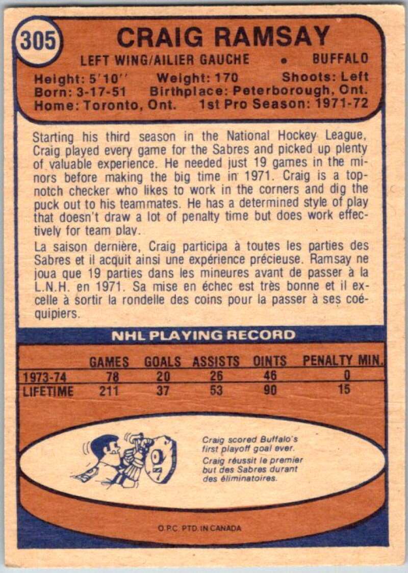 1974-75 O-Pee-Chee #305 Craig Ramsay UER Buffalo Sabres V46416