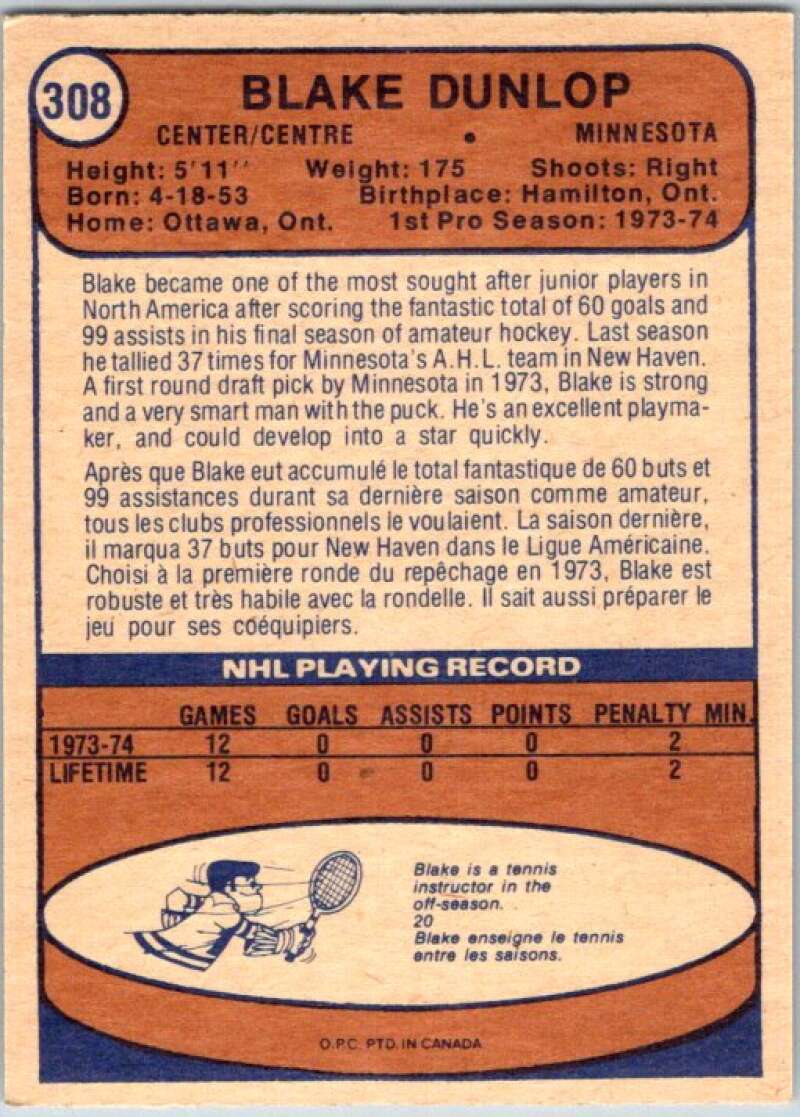 1974-75 O-Pee-Chee #308 Blake Dunlop RC Rookie Minnesota North Stars V46419