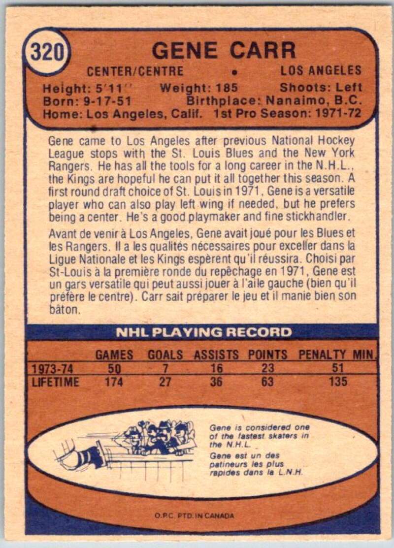 1974-75 O-Pee-Chee #320 Gene Carr RC Rookie Los Angeles Kings V46431