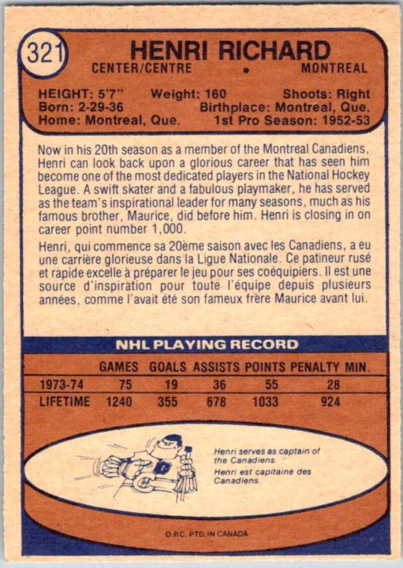 1974-75 O-Pee-Chee #321 Henri Richard Montreal Canadiens V46432
