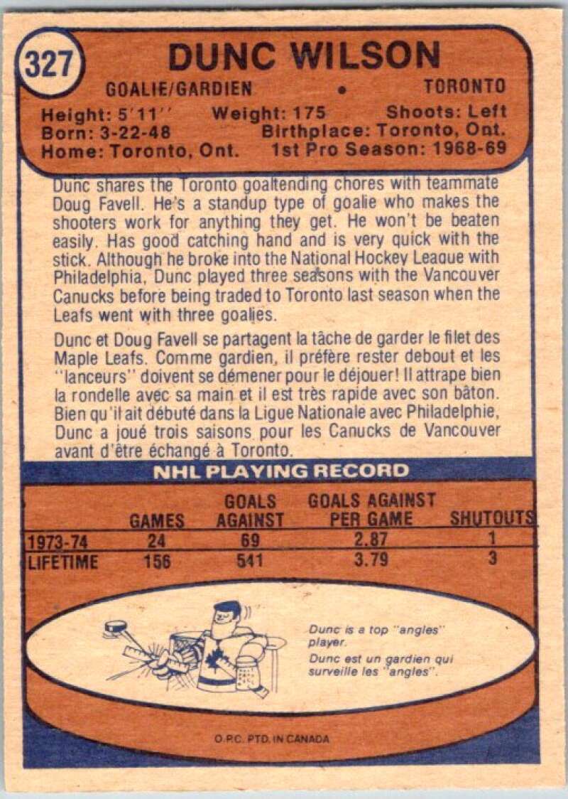 1974-75 O-Pee-Chee #327 Dunc Wilson Toronto Maple Leafs V46438