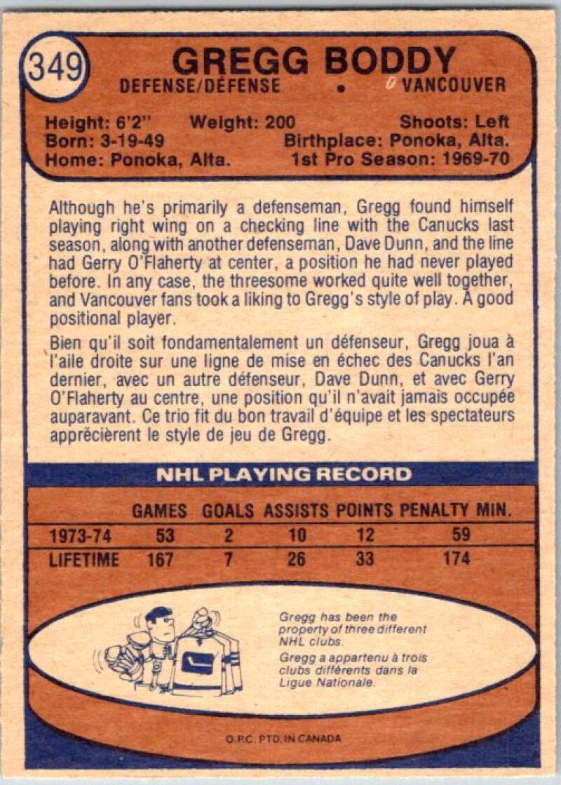 1974-75 O-Pee-Chee #349 Gregg Boddy Vancouver Canucks V46458