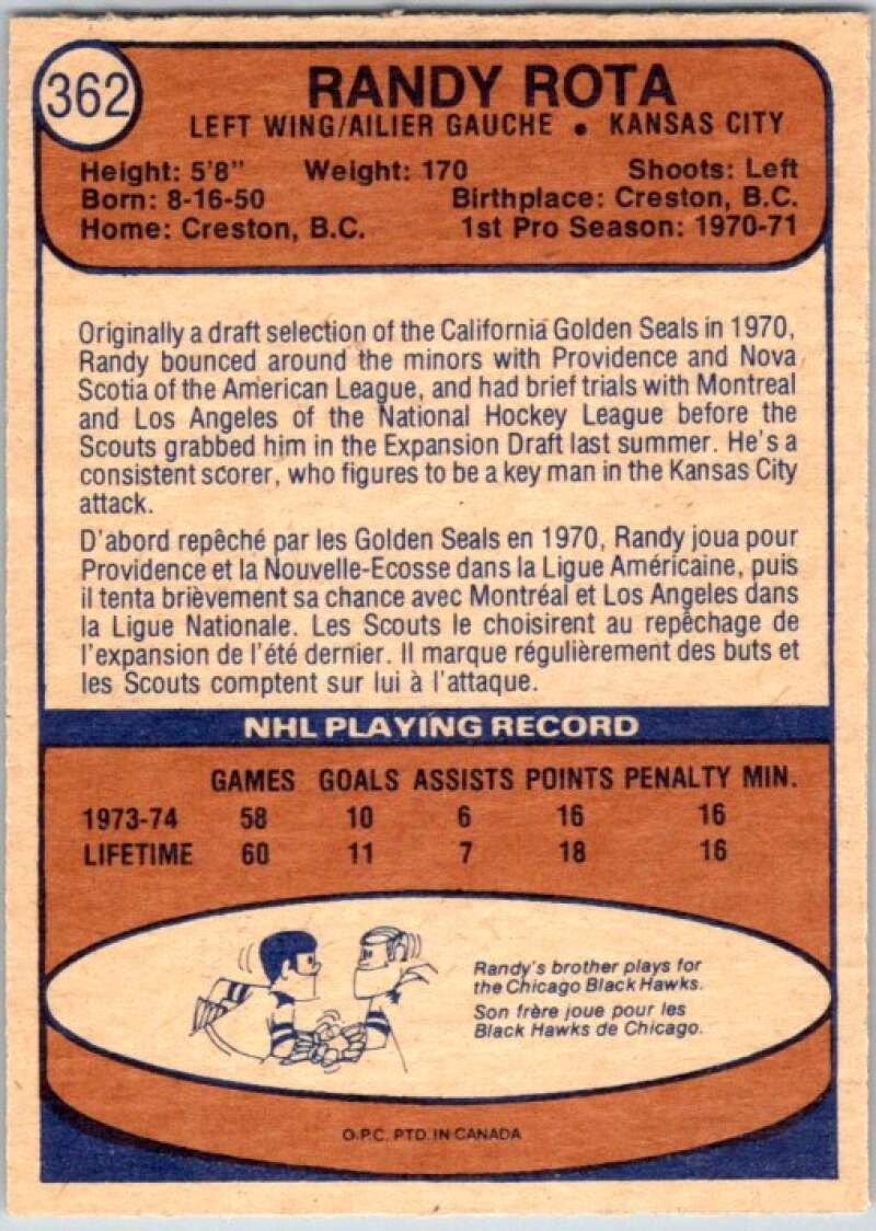1974-75 O-Pee-Chee #362 Randy Rota RC Rookie Kansas City Scouts V46471