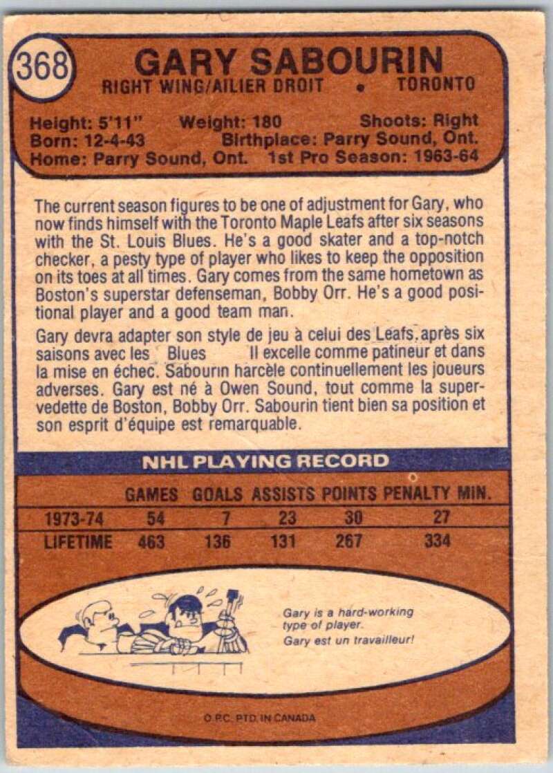 1974-75 O-Pee-Chee #368 Gary Sabourin Toronto Maple Leafs V46476