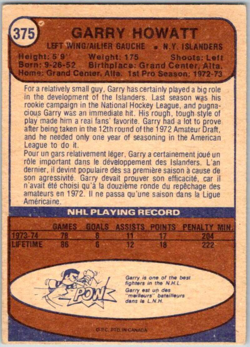1974-75 O-Pee-Chee #375 Garry Howatt RC Rookie New York Islanders V46483