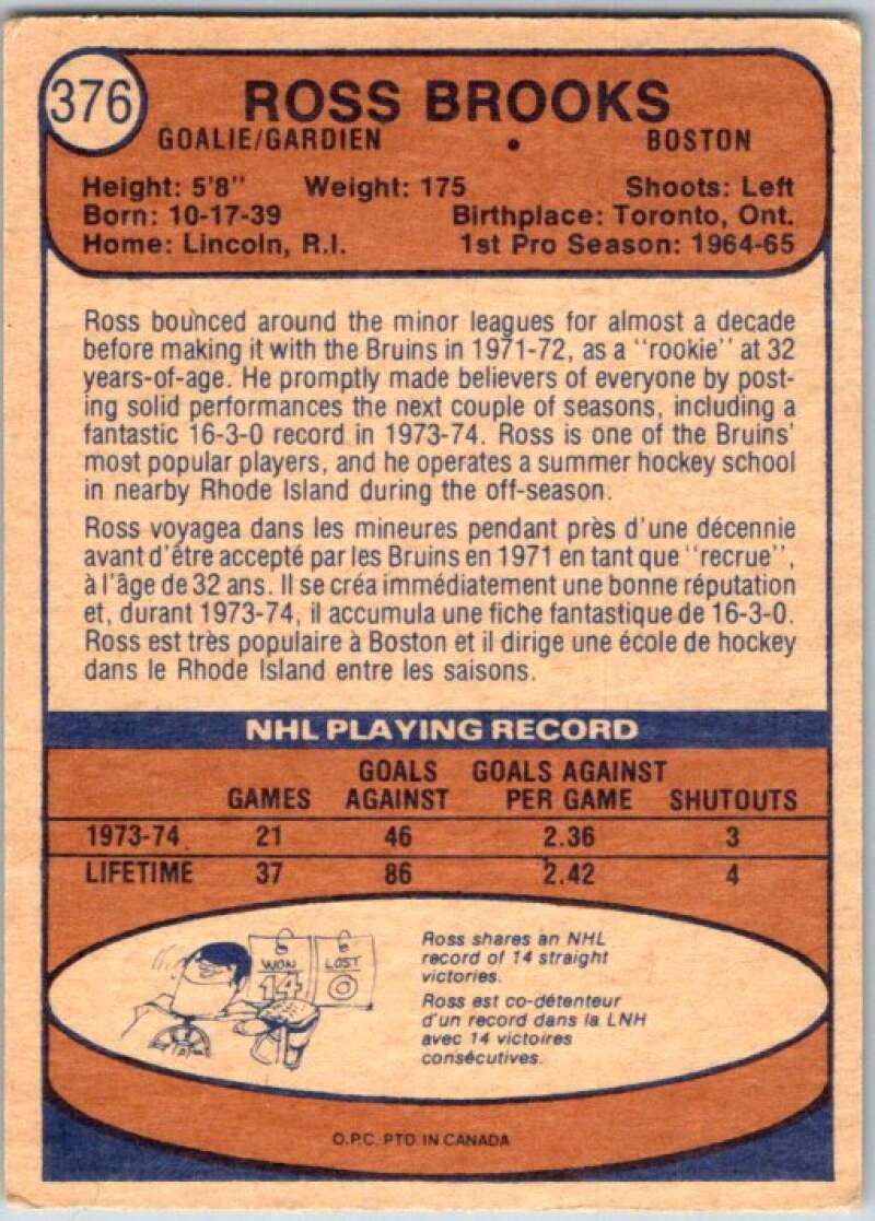 1974-75 O-Pee-Chee #376 Ross Brooks RC Rookie Boston Bruins V46484