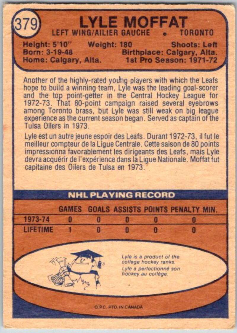 1974-75 O-Pee-Chee #379 Lyle Moffat RC Rookie Toronto Maple Leafs V46487