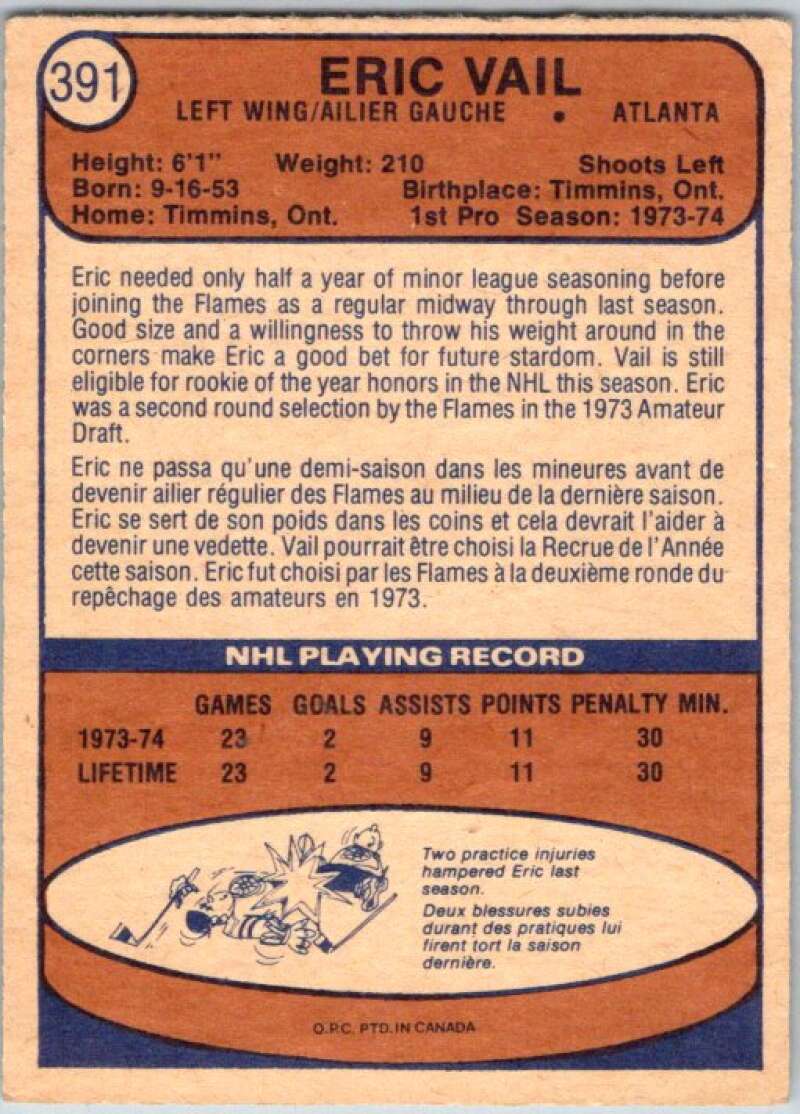 1974-75 O-Pee-Chee #391 Eric Vail RC Rookie Atlanta Flames V46498