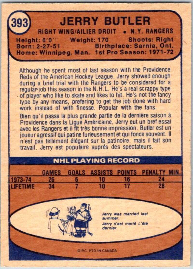 1974-75 O-Pee-Chee #393 Jerry Butler RC Rookie New York Rangers V46500
