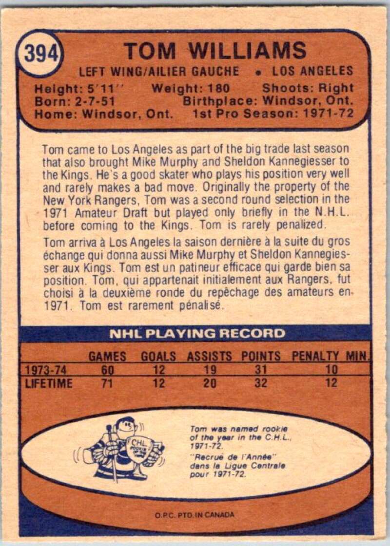 1974-75 O-Pee-Chee #394 Tom Williams RC Rookie Los Angeles Kings V46501