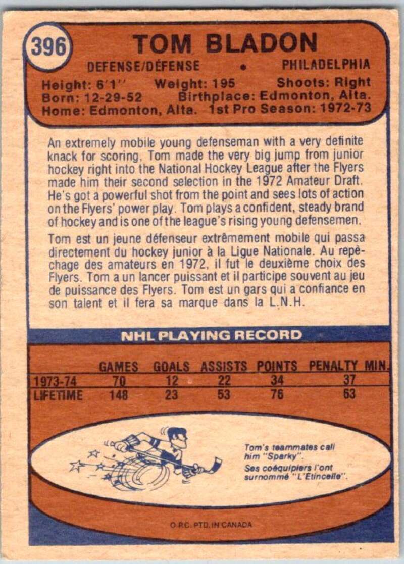 1974-75 O-Pee-Chee #396 Tom Bladon RC Rookie Philadelphia Flyers V46503