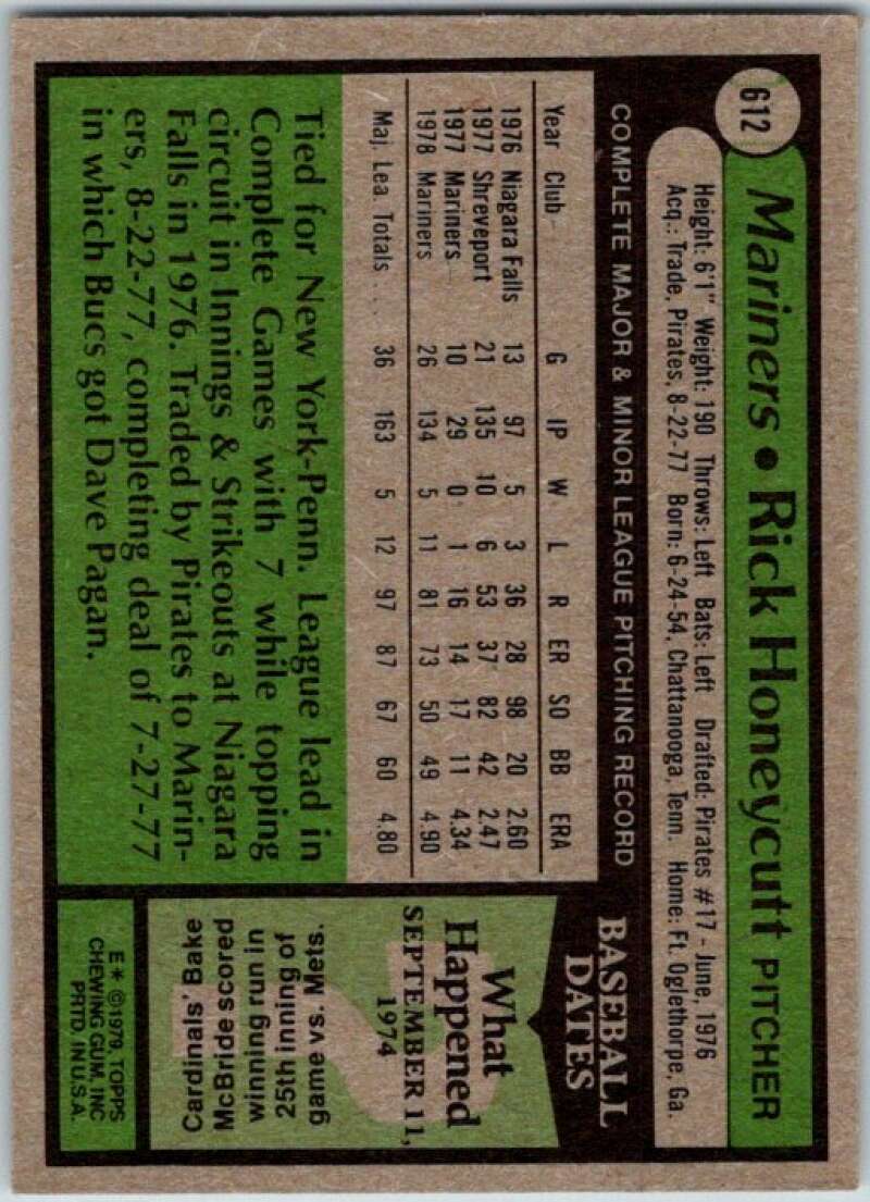 1979 Topps MLB #612 Rick Honeycutt RC Rookie Seattle Mariners V46715