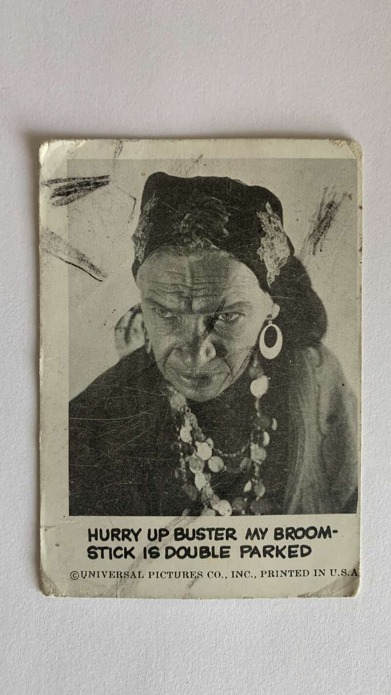 1961 Leaf Spook Stories #8 Hurry up Buster broomstick double parked V46971