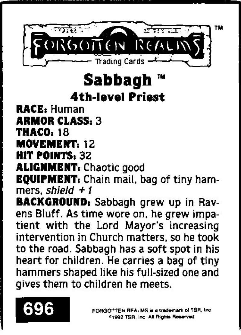 1992 Dungeons & Dragons Gold #696 Sabbagh V47152