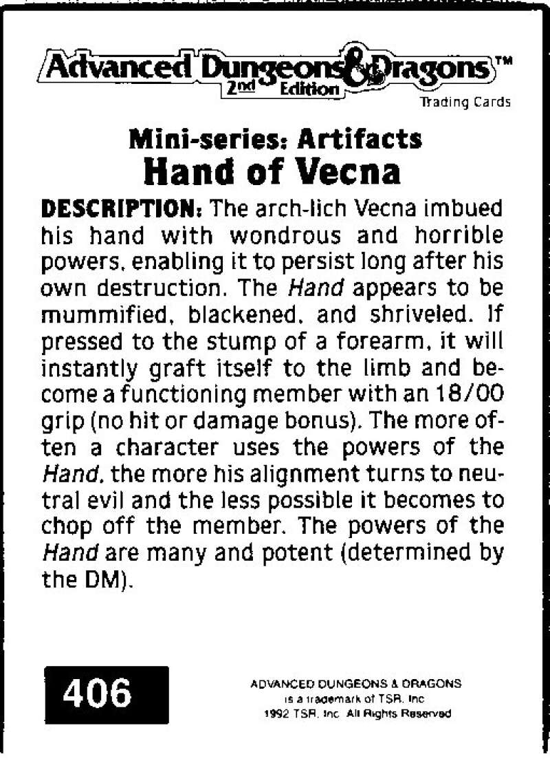 1992 Dungeons & Dragons Gold #406 Hand of Vecna  V47097