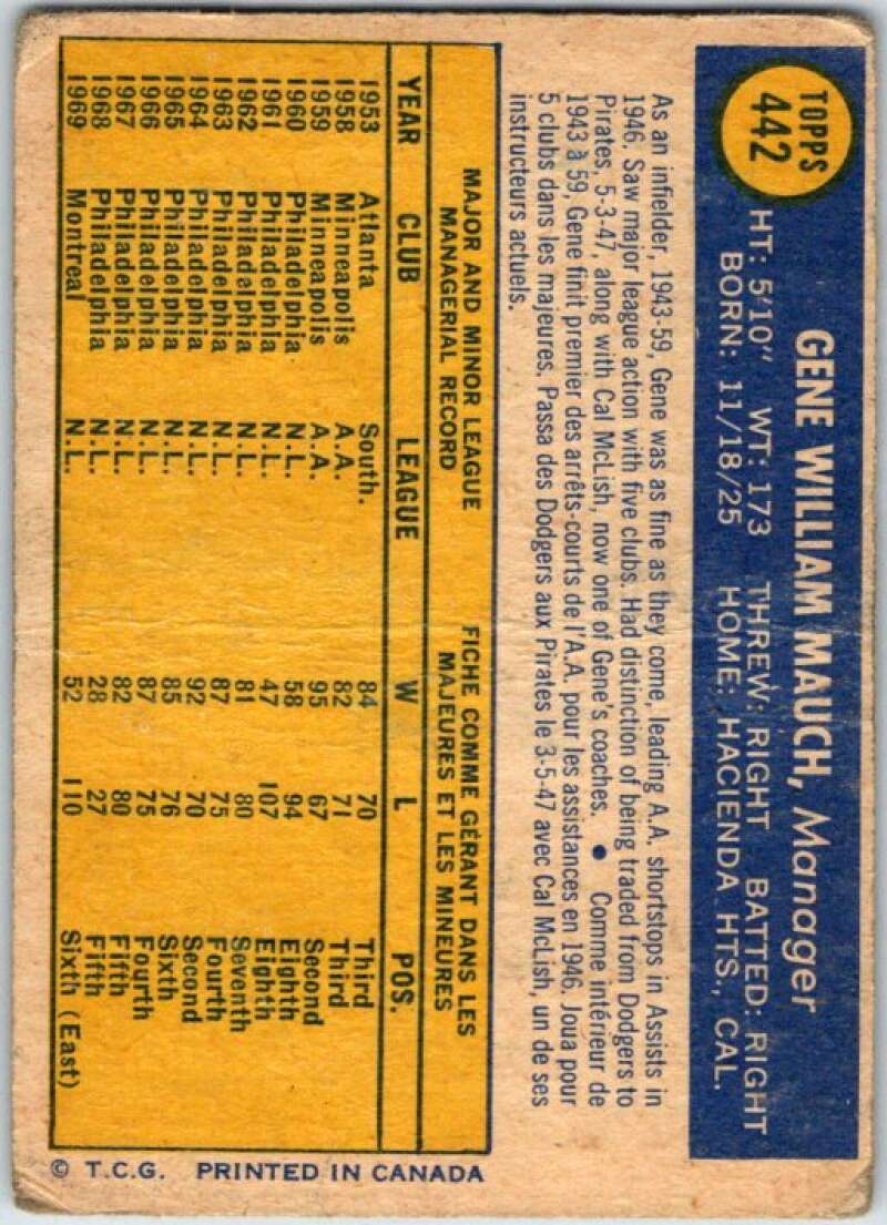 1970 Topps MLB #442 Gene Mauch Manager Montreal Expos V47909