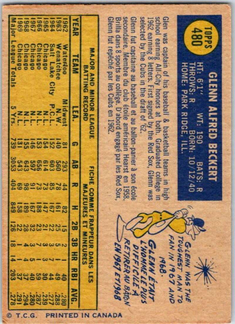 1970 Topps MLB #480 Glenn Beckert Chicago Cubs V47925