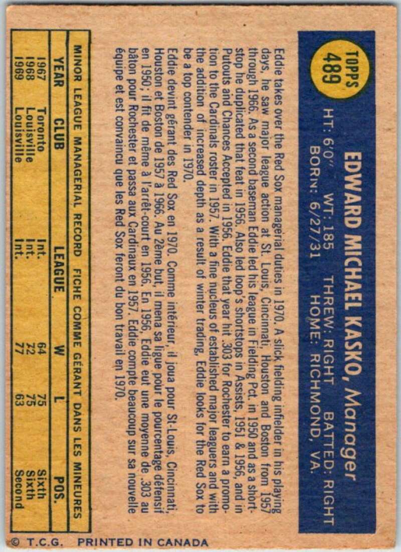 1970 Topps MLB #489 Eddie Kasko Manager Boston Red Sox V47932