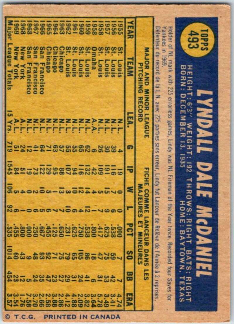 1970 Topps MLB #493 Lindy McDaniel New York Yankees V47936