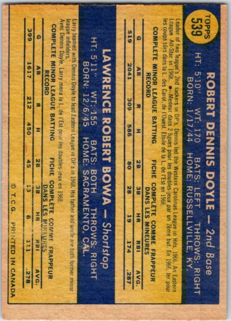 1970 Topps MLB #539 Denny Doyle/Larry Bowa  RC Rookie Phillies  V47990
