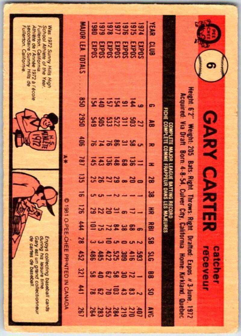 1981 O-Pee-Chee MLB #6 Gary Carter Montreal Expos V47531