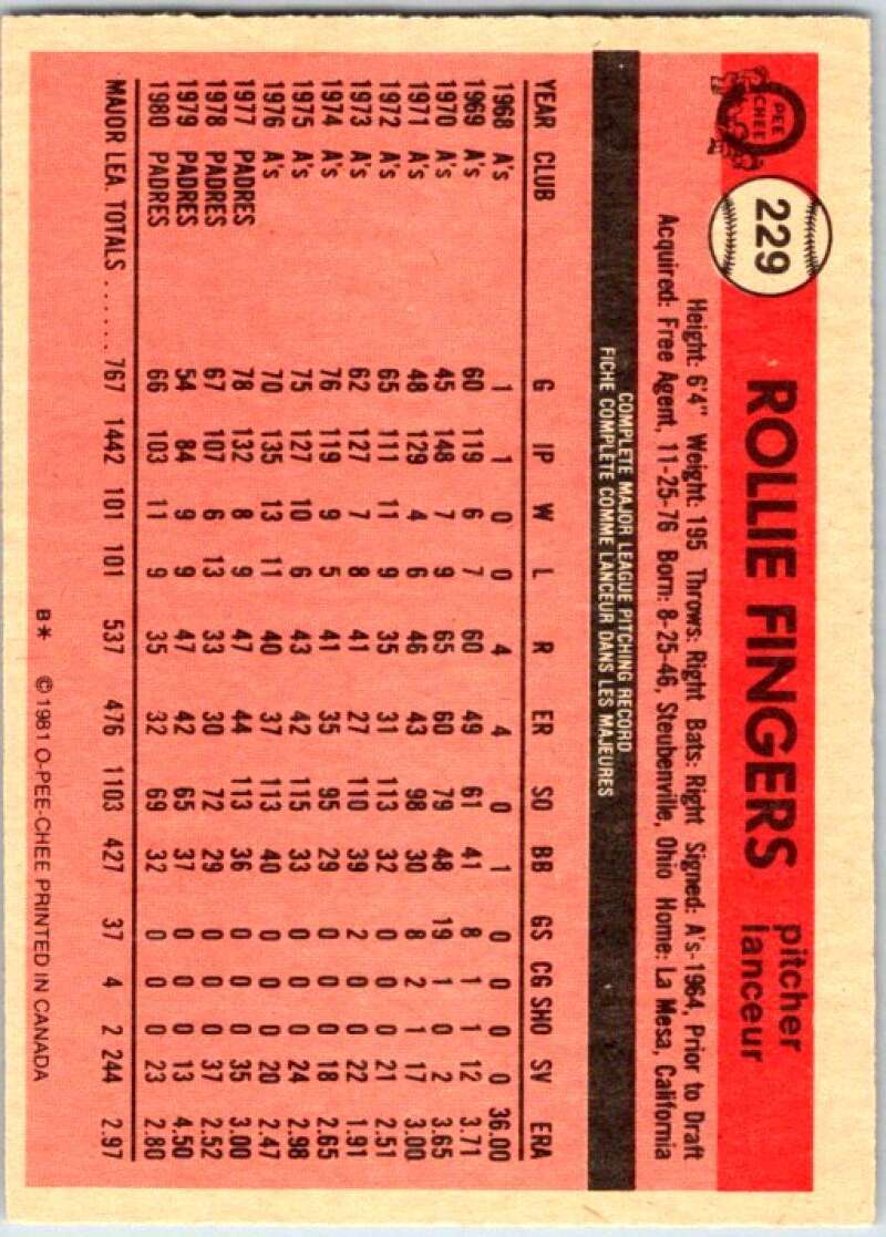 1981 O-Pee-Chee MLB #229 Rollie Fingers San Diego Padres V47701