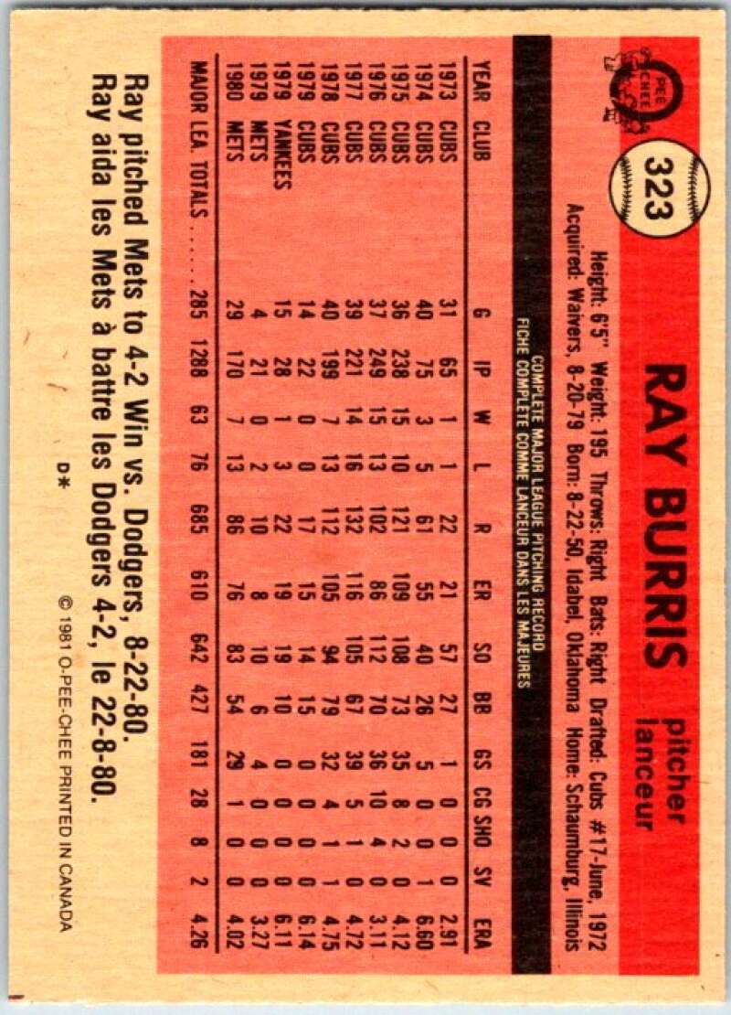 1981 O-Pee-Chee MLB #323 Ray Burris Expos/Mets V47778