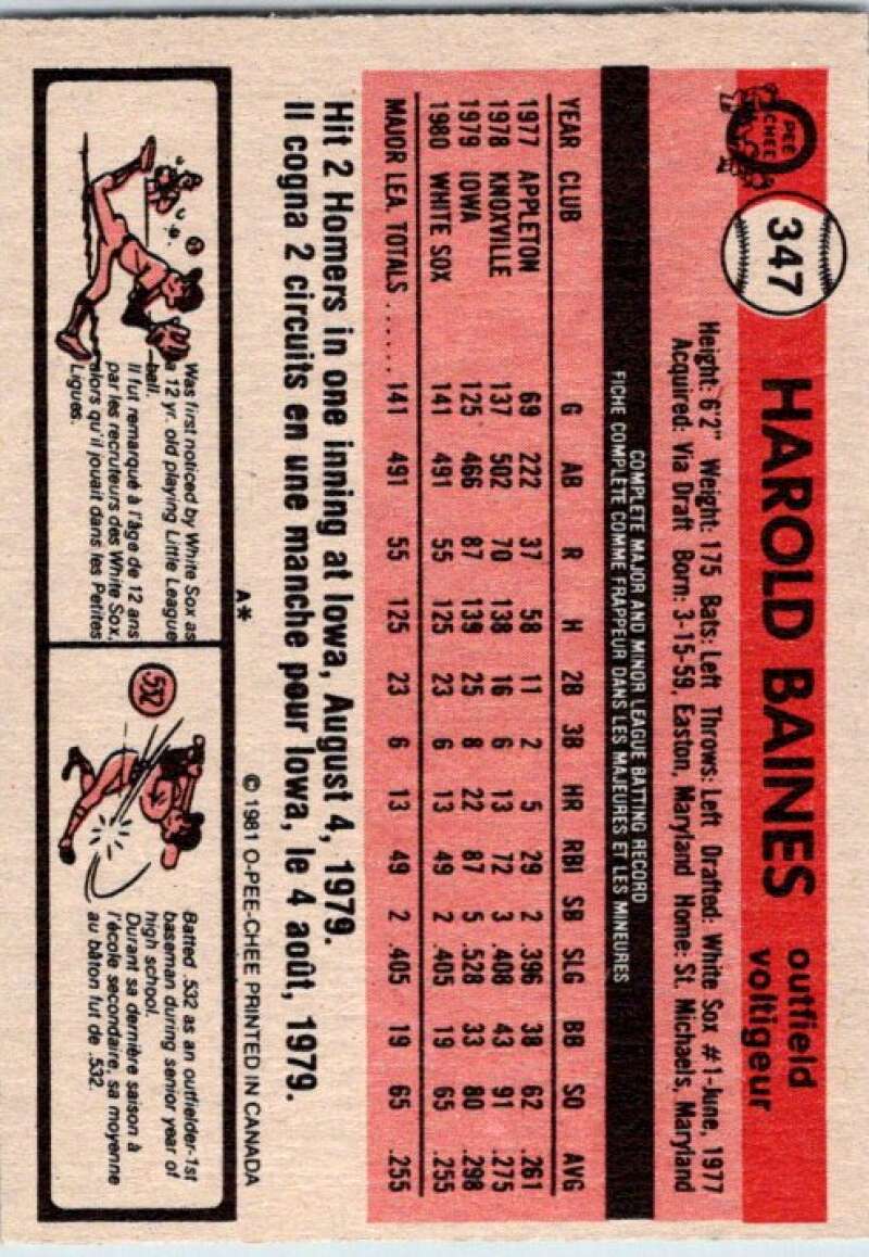 1981 O-Pee-Chee MLB #347 Harold Baines Chicago White Sox V47795