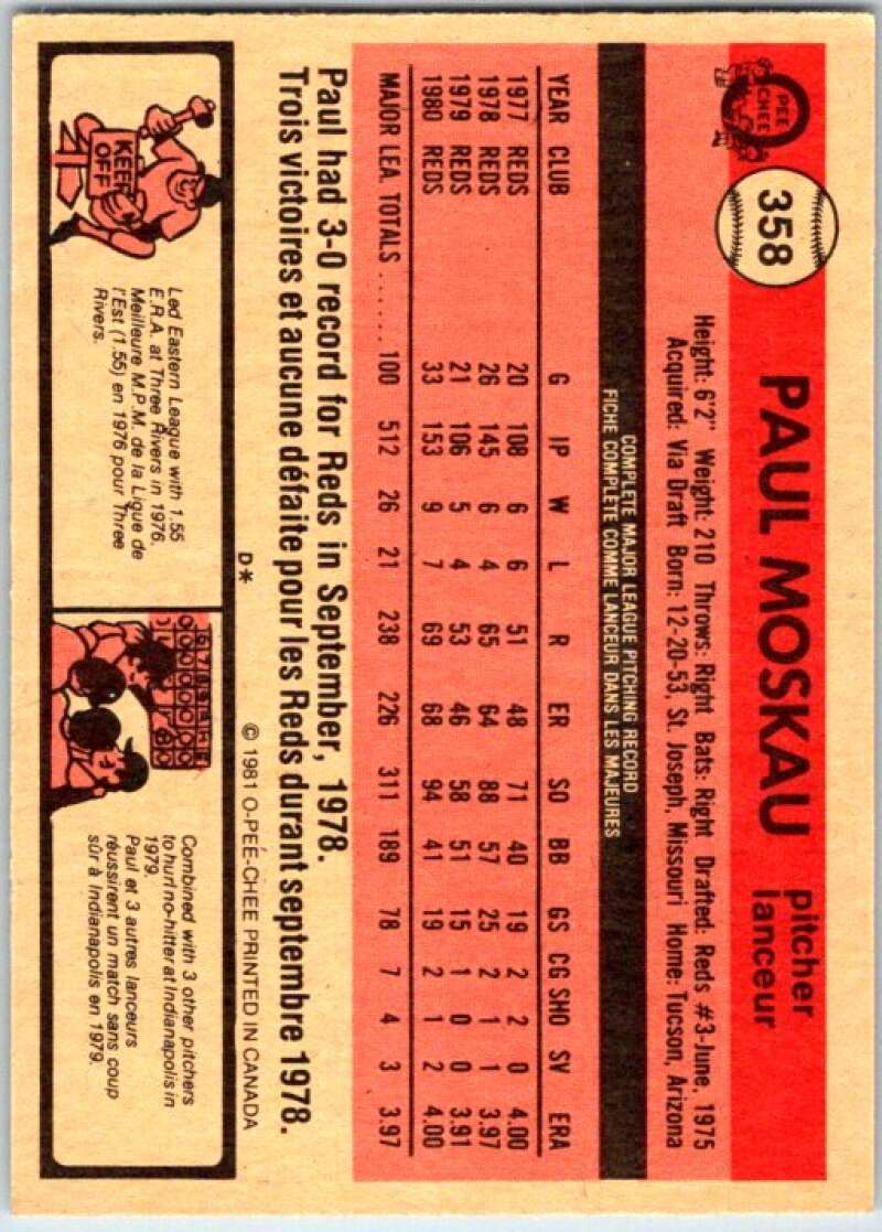 1981 O-Pee-Chee MLB #358 Paul Moskau Cincinnati Reds V47800