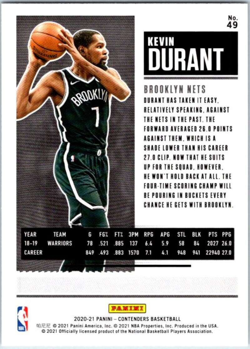 2020-21 Panini Contenders Season Ticket #49 Kevin Durant V48363