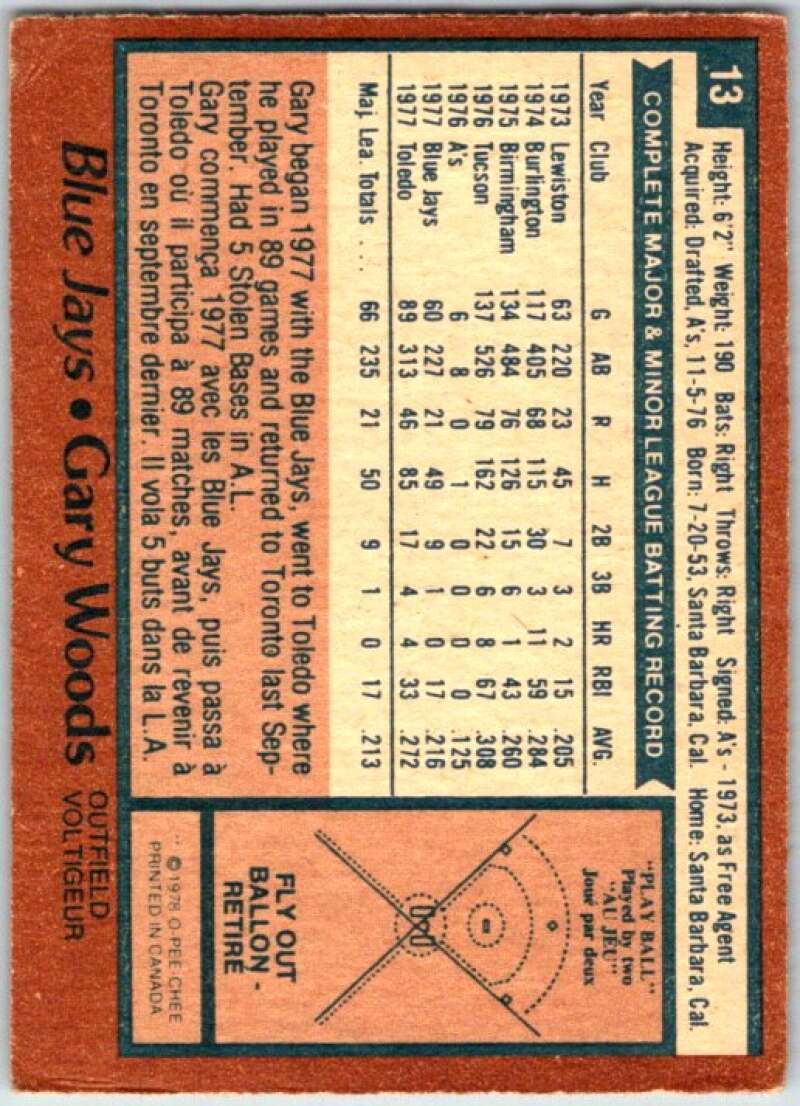 1978 O-Pee-Chee MLB #13 Gary Woods Toronto Blue Jays V48487