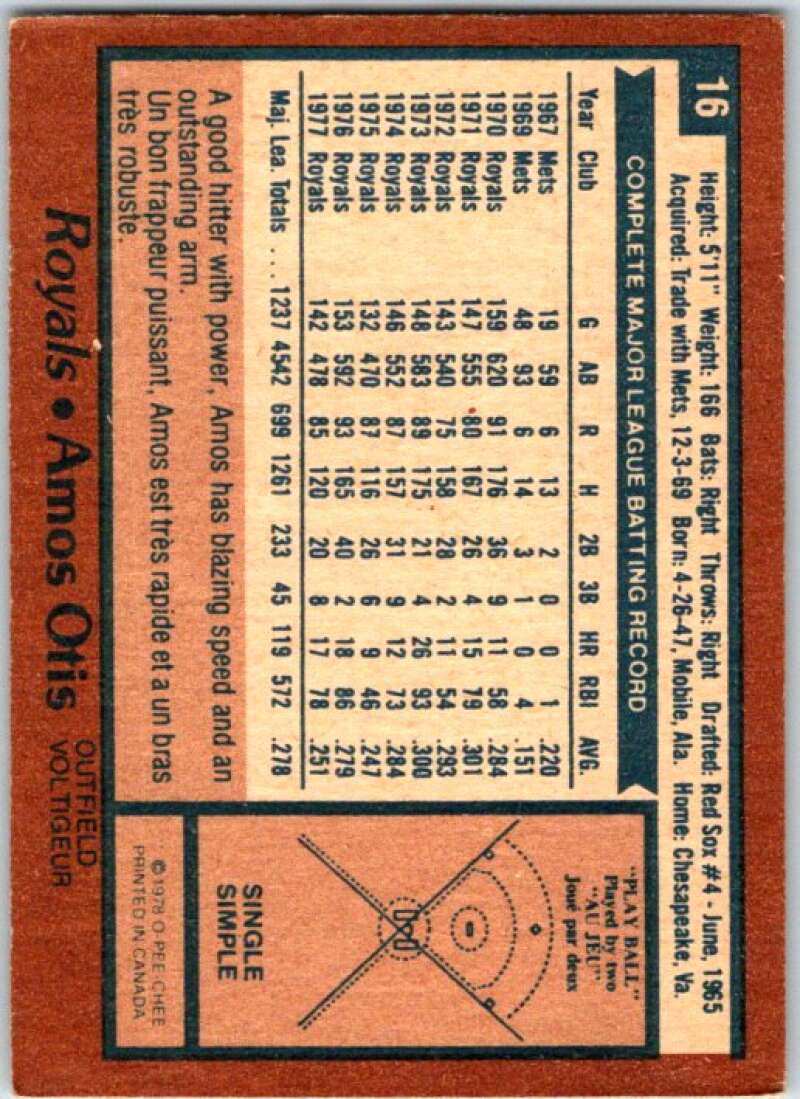 1978 O-Pee-Chee MLB #16 Amos Otis Kansas City Royals V48493