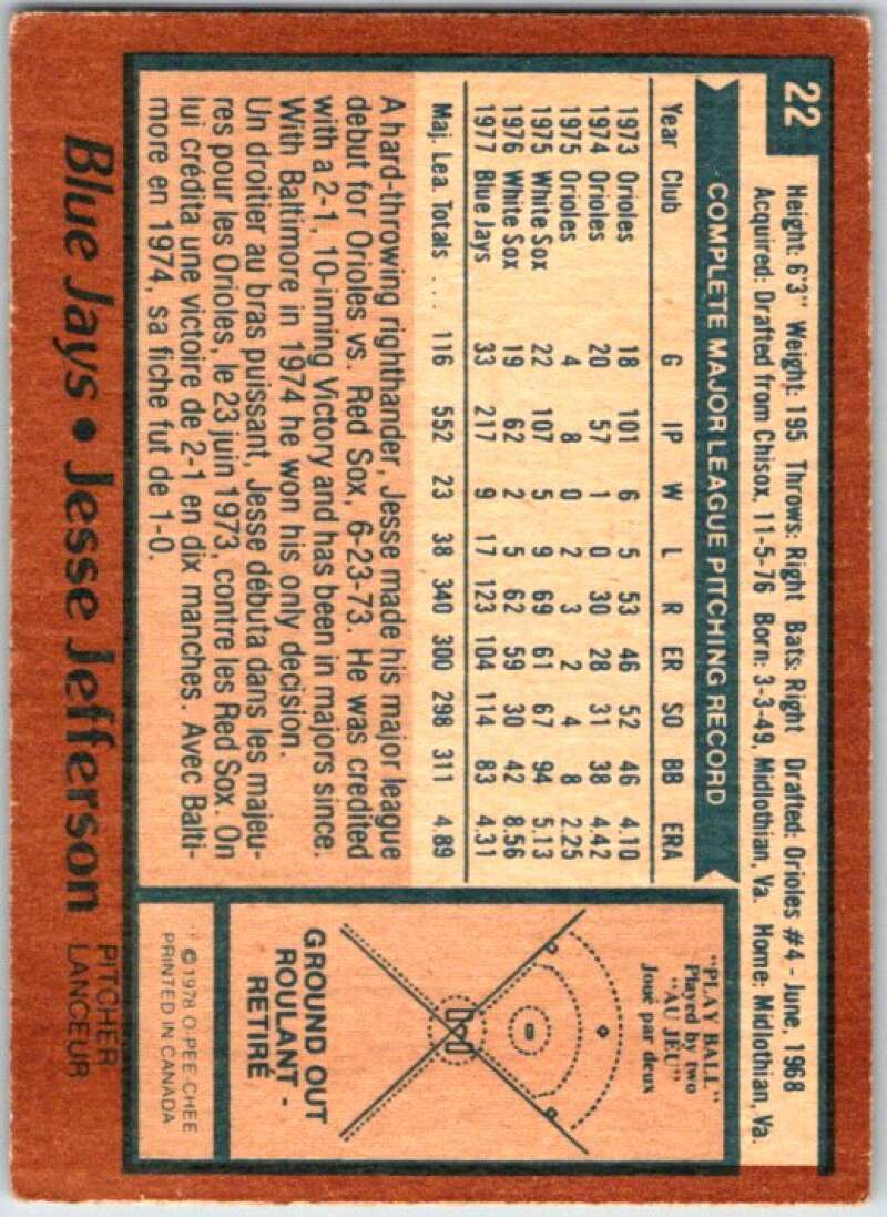 1978 O-Pee-Chee MLB #22 Jesse Jefferson Toronto Blue Jays V48507