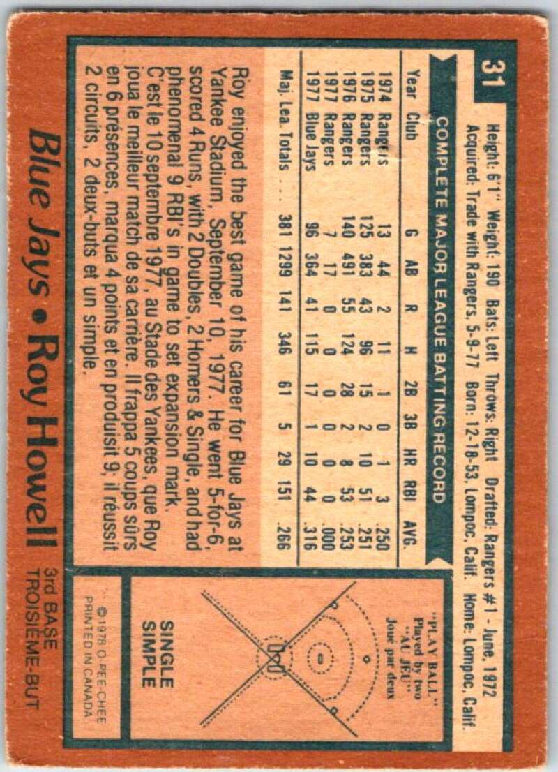 1978 O-Pee-Chee MLB #31 Roy Howell DP Toronto Blue Jays V48526