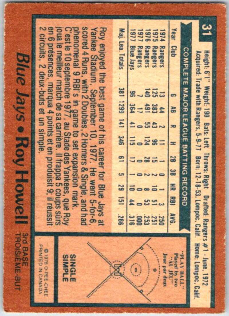 1978 O-Pee-Chee MLB #31 Roy Howell DP Toronto Blue Jays V48531