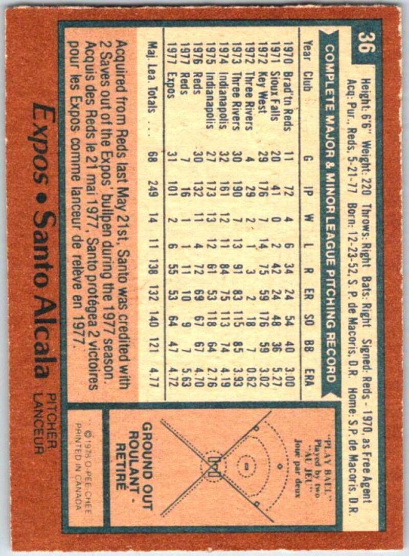 1978 O-Pee-Chee MLB #36 Santo Alcala Montreal Expos V48541