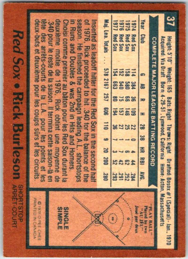 1978 O-Pee-Chee MLB #37 Rick Burleson Boston Red Sox V48546