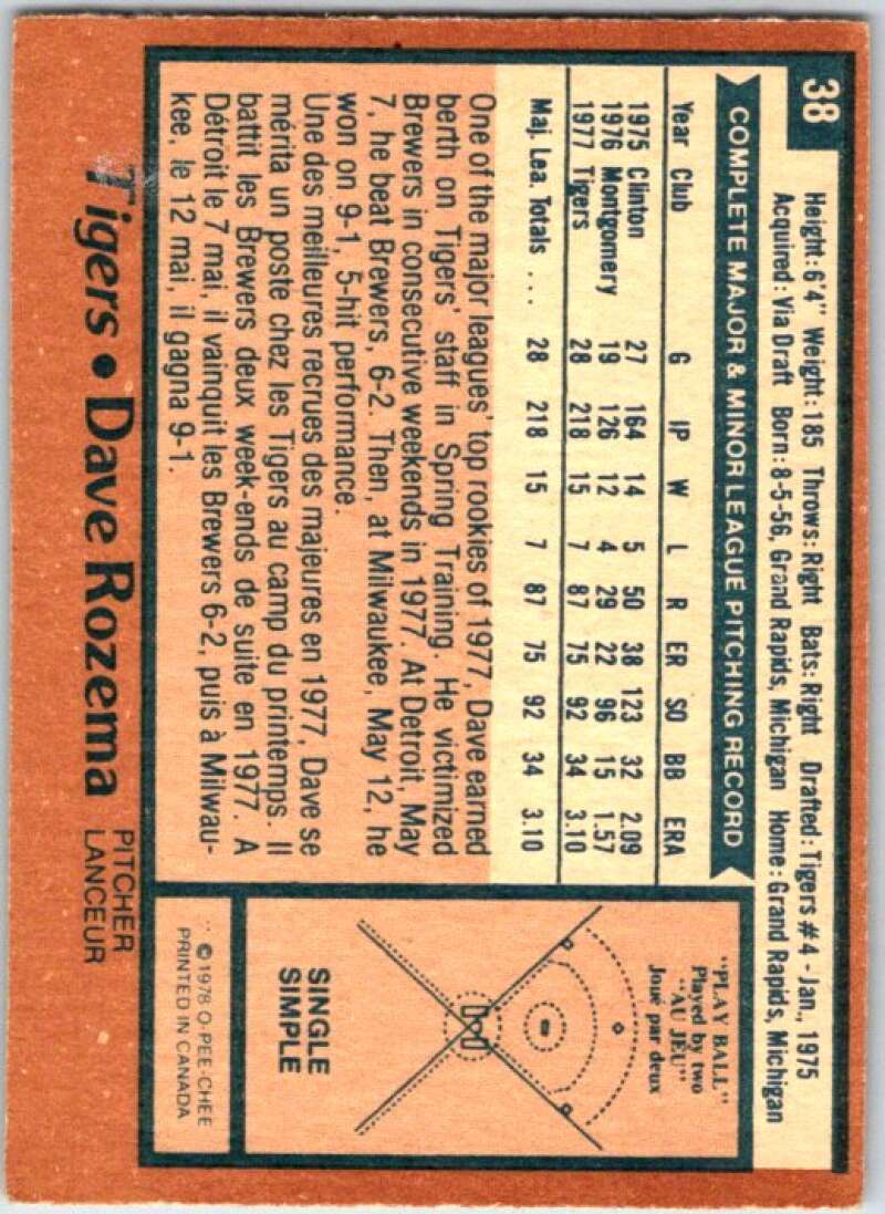 1978 O-Pee-Chee MLB #38 Dave Rozema  Detroit Tigers  V48547