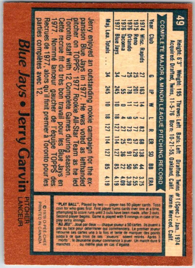 1978 O-Pee-Chee MLB #49 Jerry Garvin Toronto Blue Jays V48567
