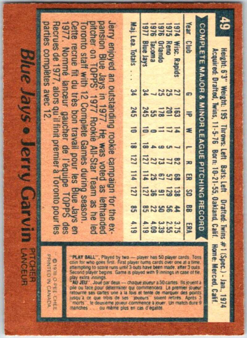 1978 O-Pee-Chee MLB #49 Jerry Garvin Toronto Blue Jays V48568