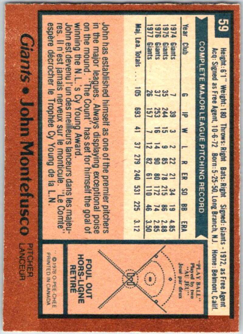 1978 O-Pee-Chee MLB #59 John Montefusco San Francisco Giants V48590