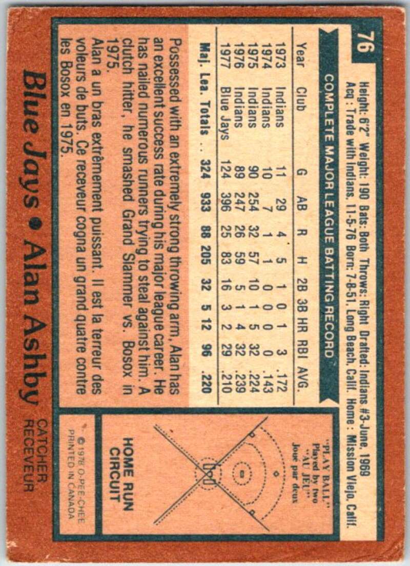 1978 O-Pee-Chee MLB #76 Alan Ashby Toronto Blue Jays V48625