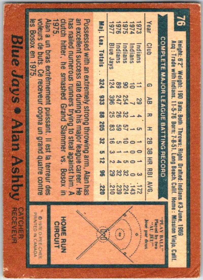 1978 O-Pee-Chee MLB #76 Alan Ashby  Toronto Blue Jays  V48625