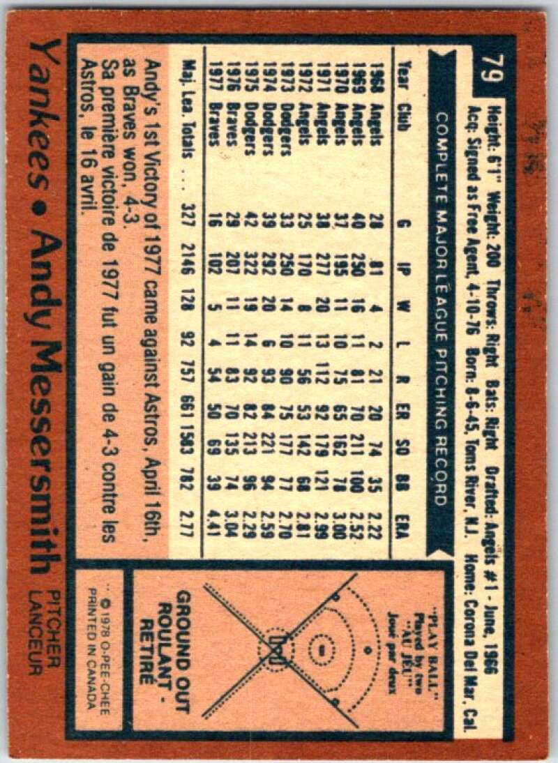 1980 O-Pee-Chee MLB #79 Andy Messersmith Yankees/ Braves V48631